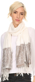 Sakkas Bela Long Wide Multi Patterned Tassel Fringe Pashmina Shawl / Wrap / Stole#color_Ivory/Grey