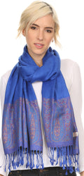 Sakkas Bela Long Wide Multi Patterned Tassel Fringe Pashmina Shawl / Wrap / Stole#color_Royal Blue / Pink