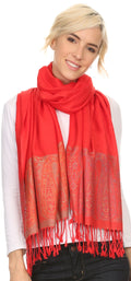 Sakkas Bela Long Wide Multi Patterned Tassel Fringe Pashmina Shawl / Wrap / Stole#color_Red/Grey