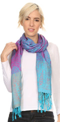 Sakkas Bela Long Wide Multi Patterned Tassel Fringe Pashmina Shawl / Wrap / Stole#color_Turquoise/Pink