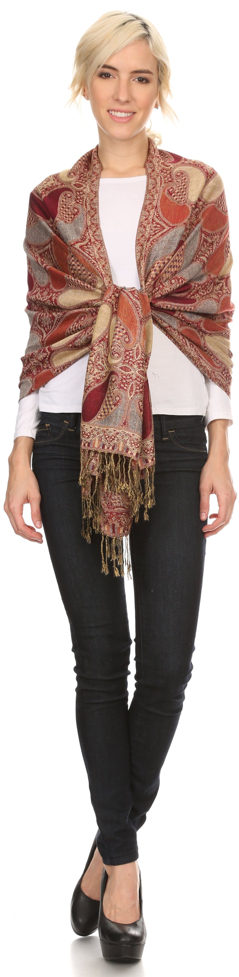 Sakkas Raeste Long Wide Tassel Multi Colored Paisley Pashmina Shawl / Wrap