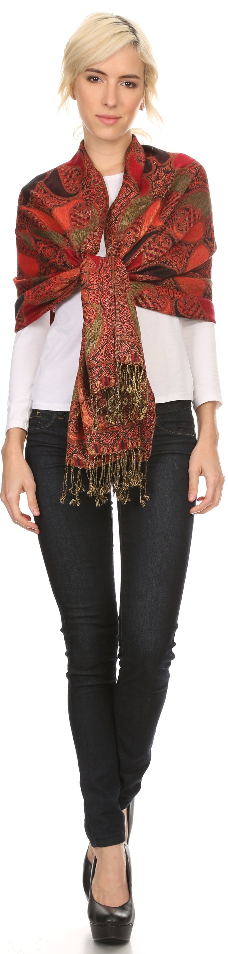 Sakkas Raeste Long Wide Tassel Multi Colored Paisley Pashmina Shawl / Wrap