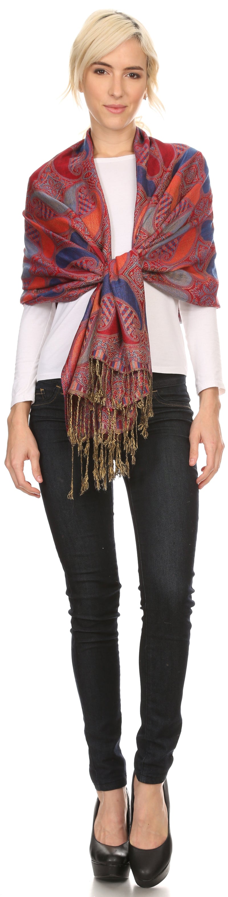 Sakkas Raeste Long Wide Tassel Multi Colored Paisley Pashmina Shawl / Wrap