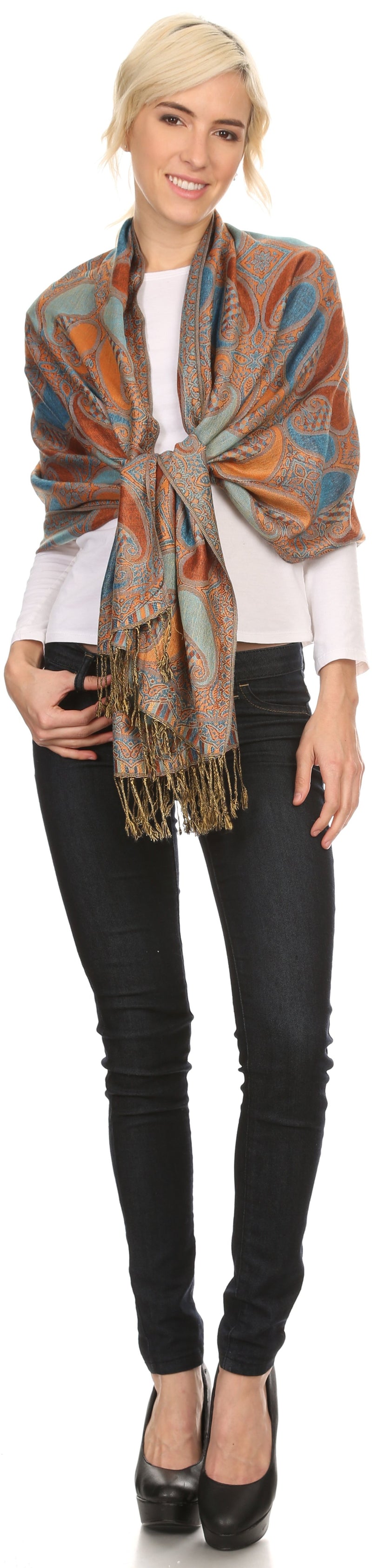 Sakkas Raeste Long Wide Tassel Multi Colored Paisley Pashmina Shawl / Wrap