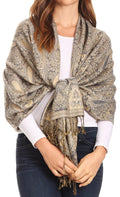 Sakkas Kalin Long Wide Woven Patterned Fringe Tassel Pashmina Shawl / Scarf#color_Beige