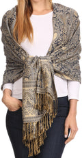 Sakkas Kalin Long Wide Woven Patterned Fringe Tassel Pashmina Shawl / Scarf#color_Black