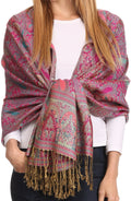 Sakkas Kalin Long Wide Woven Patterned Fringe Tassel Pashmina Shawl / Scarf#color_Fuchsia