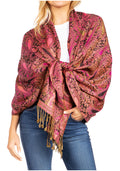 Sakkas Kalin Long Wide Woven Patterned Fringe Tassel Pashmina Shawl / Scarf#color_Pink/Black