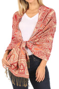 Sakkas Kalin Long Wide Woven Patterned Fringe Tassel Pashmina Shawl / Scarf#color_Red