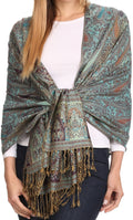 Sakkas Kalin Long Wide Woven Patterned Fringe Tassel Pashmina Shawl / Scarf#color_Turquoise