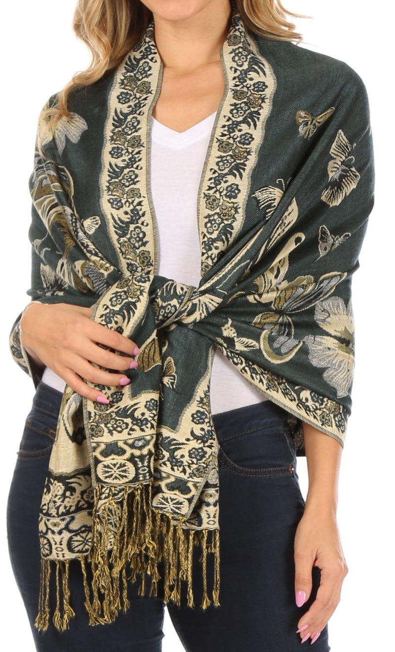 Sakkas Liua Long Wide Woven Patterned Design Multi Colored Pashmina Shawl / Scarf