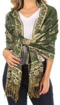 Sakkas Liua Long Wide Woven Patterned Design Multi Colored Pashmina Shawl / Scarf#color_Green