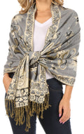 Sakkas Liua Long Wide Woven Patterned Design Multi Colored Pashmina Shawl / Scarf#color_Grey