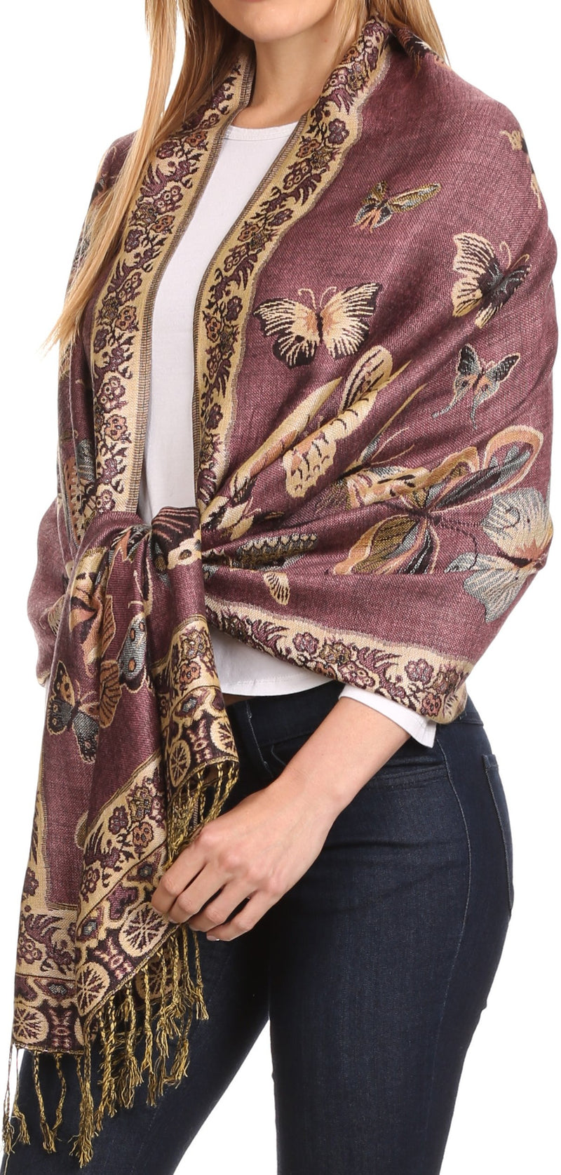 Sakkas Liua Long Wide Woven Patterned Design Multi Colored Pashmina Shawl / Scarf