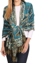 Sakkas Liua Long Wide Woven Patterned Design Multi Colored Pashmina Shawl / Scarf#color_Turquoise