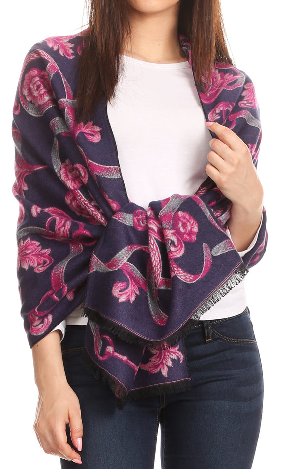 Sakkas Adele Floral Ornate Soft and Warm Pashmina Shawl Scarf Wrap Stole#color_Navy/Pink