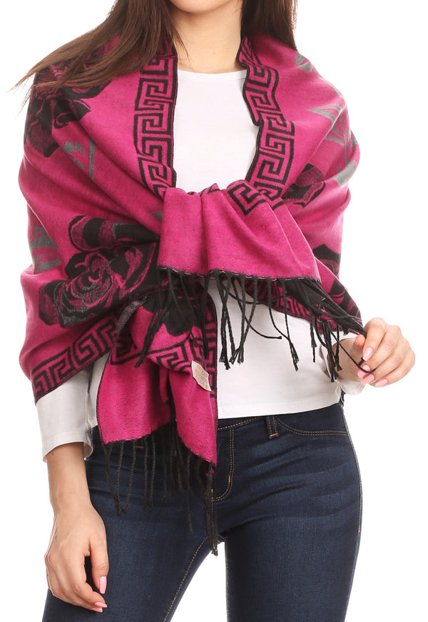 Sakkas Soffia Damask Rose Super Soft and Warm Pashmina Scarf Shawl Wrap Stole#color_Fuchsia/Black