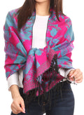 Sakkas Aurora Floral Rose Pashmina Scarf Shawl Wrap with Fringe Super Warm Soft#color_Fuchsia/Turquoise