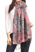 Sakkas Aurora Floral Rose Pashmina Scarf Shawl Wrap with Fringe Super Warm Soft#color_LightPink/Grey