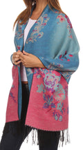 Sakkas Ontario double layer floral Pashmina/ Shawl/ Wrap/ Stole with fringe#color_1-Aqua