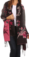 Sakkas Ontario double layer floral Pashmina/ Shawl/ Wrap/ Stole with fringe#color_1-Black