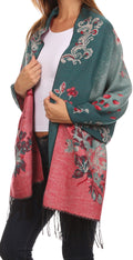 Sakkas Ontario double layer floral Pashmina/ Shawl/ Wrap/ Stole with fringe#color_1-Teal