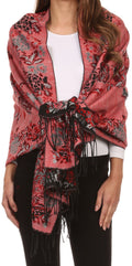 Sakkas Ontario double layer floral Pashmina/ Shawl/ Wrap/ Stole with fringe#color_2-BlackRed