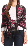 Sakkas Ontario double layer floral Pashmina/ Shawl/ Wrap/ Stole with fringe#color_2-Black/Pink