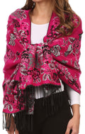 Sakkas Ontario double layer floral Pashmina/ Shawl/ Wrap/ Stole with fringe#color_2-Fuchsia