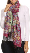 Sakkas Ontario double layer floral Pashmina/ Shawl/ Wrap/ Stole with fringe#color_2-FuchsiaGreen
