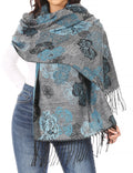 Sakkas Ontario double layer floral Pashmina/ Shawl/ Wrap/ Stole with fringe#color_3-AquaBlack