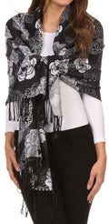 Sakkas Ontario double layer floral Pashmina/ Shawl/ Wrap/ Stole with fringe#color_3-Black