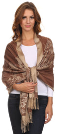 Sakkas Ella Dogwood Flower Straight Border Pashmina/ Shawl/ Wrap/ Stole#color_Brown