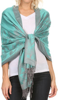 Sakkas Ella Dogwood Flower Straight Border Pashmina/ Shawl/ Wrap/ Stole#color_TurquoiseGrey