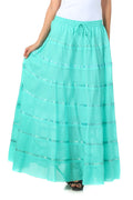 Sakkas Raw Edge Tiered Ribbon Gypsy Boho Long Cotton Skirt#color_DarkMint