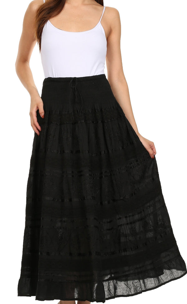 Sakkas Lace and Ribbon Peasant Boho Skirt#color_Black