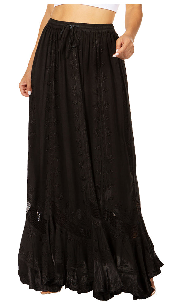 Sakkas Ivy Second Women's Maxi Boho Elastic Waist Embroidered A Line Long Skirt #color_Black