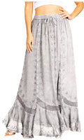 Sakkas Ivy Second Women's Maxi Boho Elastic Waist Embroidered A Line Long Skirt #color_Grey