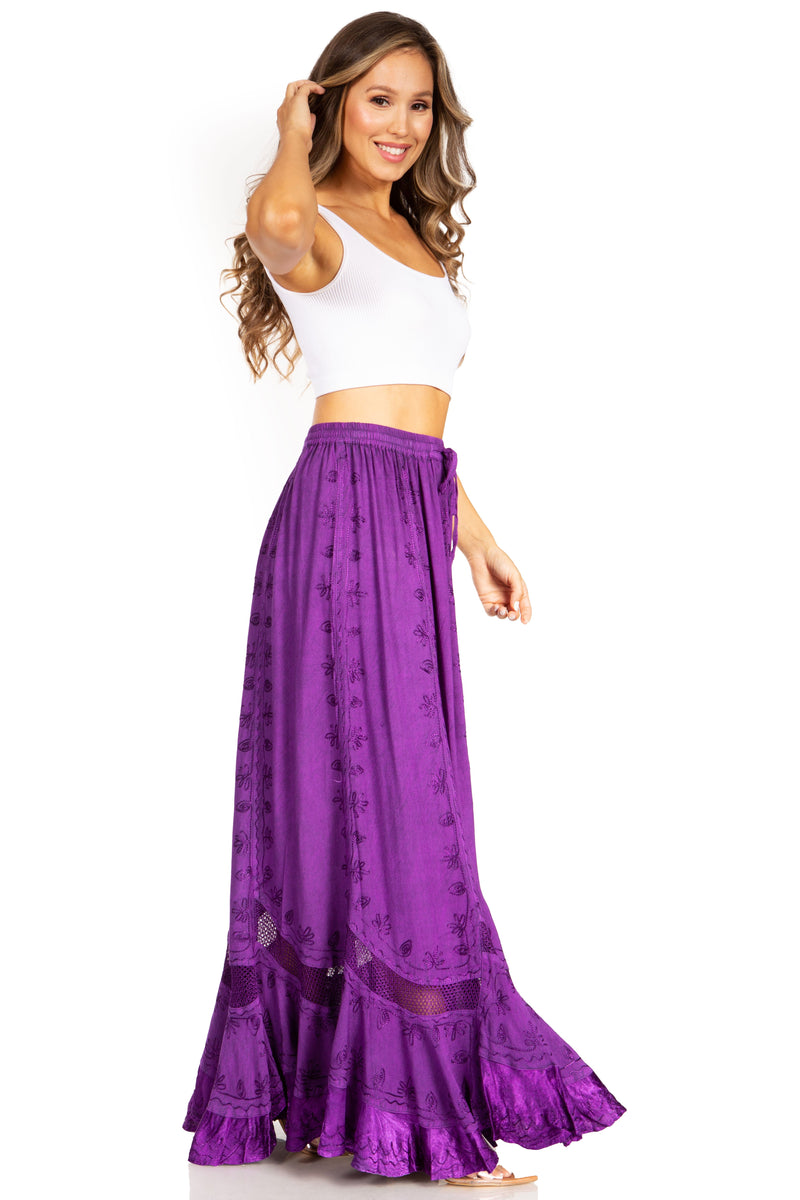 Sakkas Ivy Second Women's Maxi Boho Elastic Waist Embroidered A Line Long Skirt