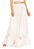 Sakkas Ivy Second Women's Maxi Boho Elastic Waist Embroidered A Line Long Skirt #color_White