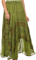 Sakkas Hailes Long Tall Wide Silver Embroidered Batik Adjustable Waist Skirt #color_Green