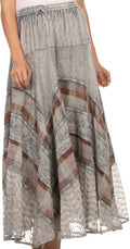 Sakkas Hailes Long Tall Wide Silver Embroidered Batik Adjustable Waist Skirt #color_Grey