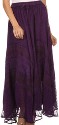 Sakkas Hailes Long Tall Wide Silver Embroidered Batik Adjustable Waist Skirt #color_Purple
