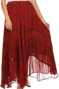 Sakkas Hailes Long Tall Wide Silver Embroidered Batik Adjustable Waist Skirt #color_Red