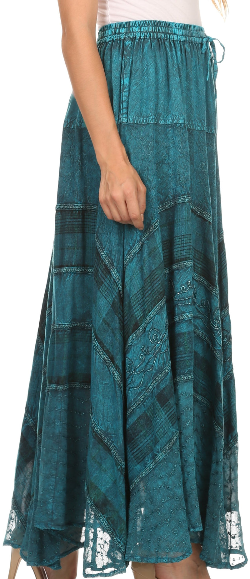 Sakkas Hailes Long Tall Wide Silver Embroidered Batik Adjustable Waist Skirt