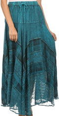 Sakkas Hailes Long Tall Wide Silver Embroidered Batik Adjustable Waist Skirt #color_Turquoise