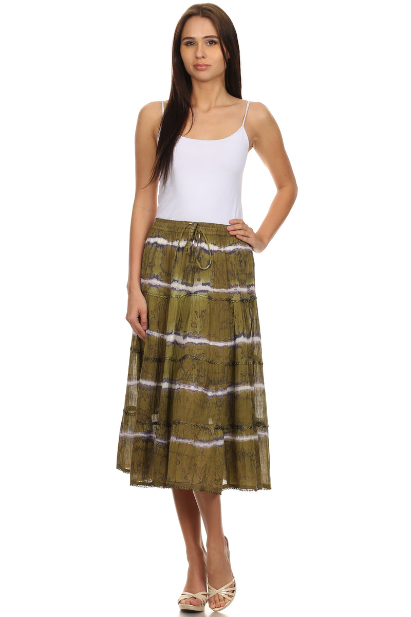 Sakkas Faith  Lace Trim Tie Dye Adjustable Waist Mid Length Cotton Skirt