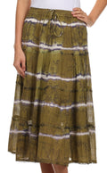 Sakkas Faith  Lace Trim Tie Dye Adjustable Waist Mid Length Cotton Skirt#color_ArmyGreen