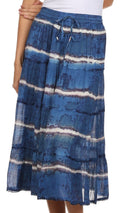Sakkas Faith  Lace Trim Tie Dye Adjustable Waist Mid Length Cotton Skirt#color_Navy