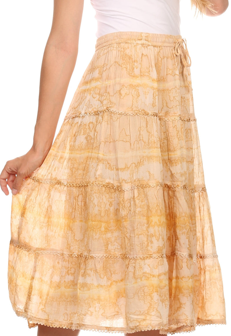 Sakkas Faith  Lace Trim Tie Dye Adjustable Waist Mid Length Cotton Skirt